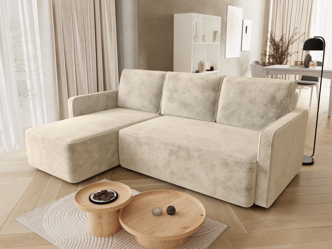 Nowoczesny beżowy narożnik z funkcją spania do salonu QULIO