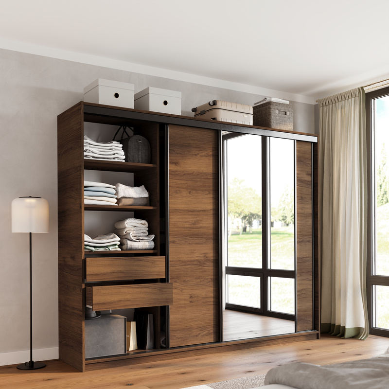 Szafa przesuwna z lustrem 250 cm do sypialni LOFT orzech