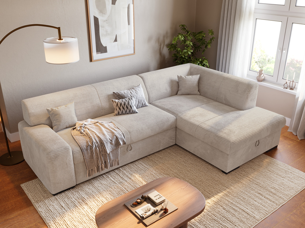 Beżowy narożnik z funkcją spania i pojemnikiem na pościel do salonu MILENZO