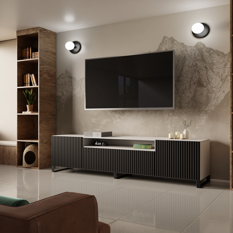 Stojąca szafka RTV 200 cm do salonu pod telewizor TAVIO biały czarny