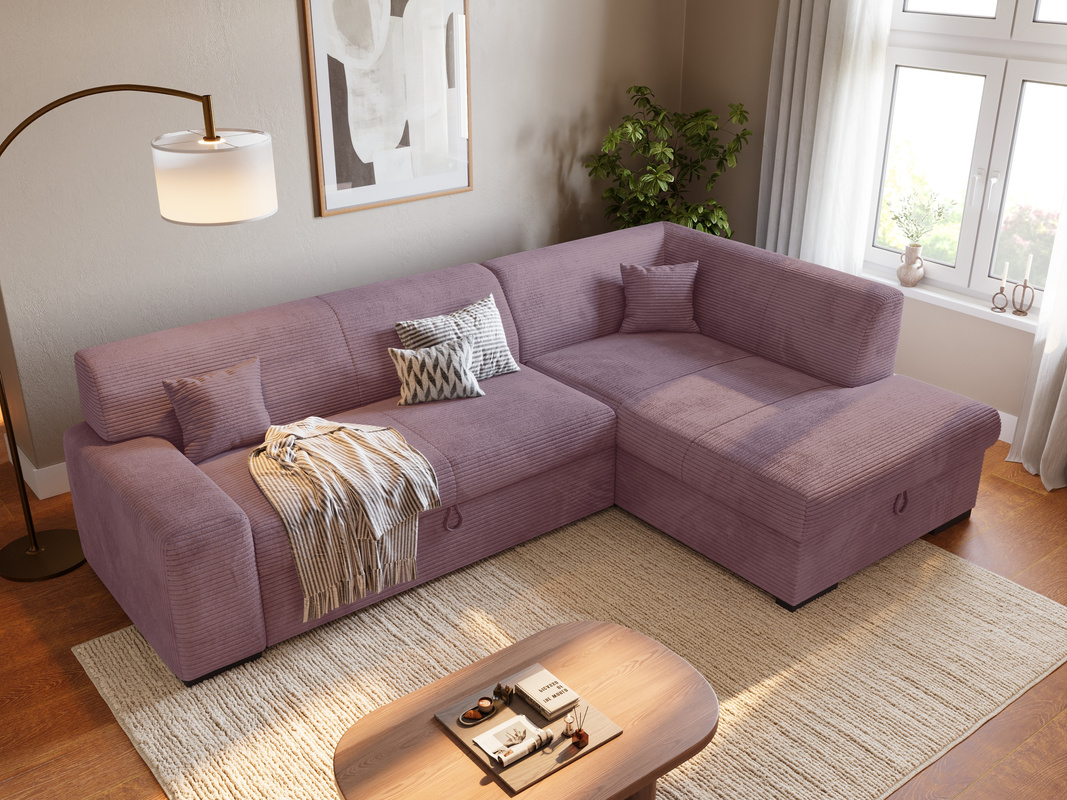 Narożnik do salonu z funkcją spania i pojemnikiem na pościel MILENZO różowy