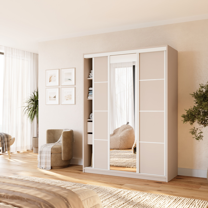 Beżowa pojemna szafa przesuwna 150 cm z lustrem VITA