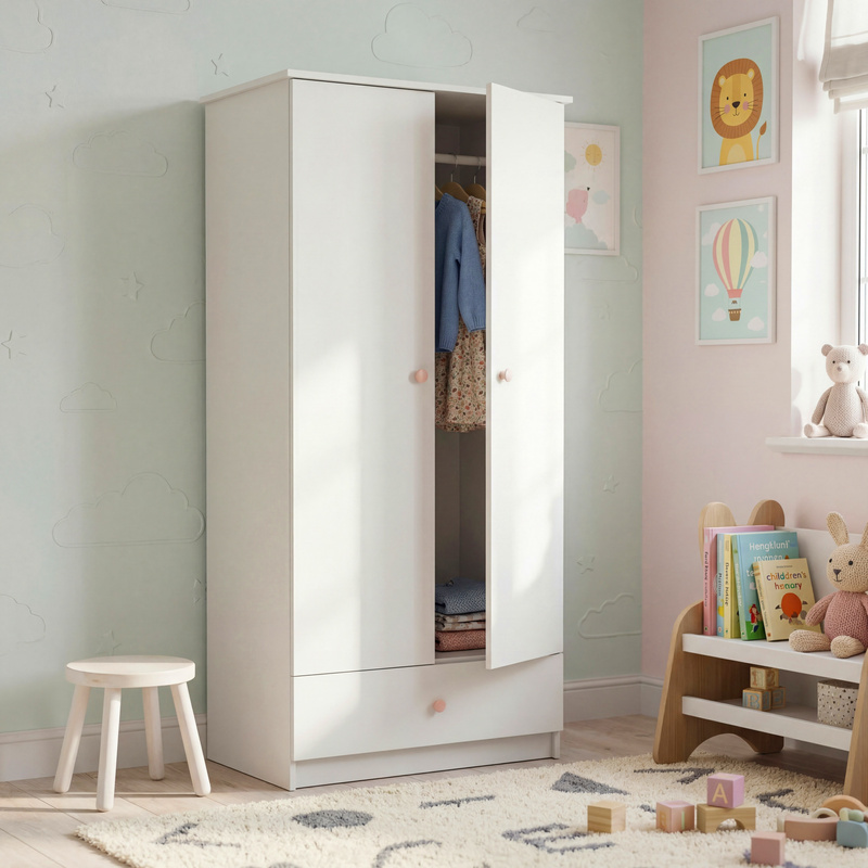 Biała szafa 85 cm do pokoju dziecka z szufladą półkami i drążkiem ORIO