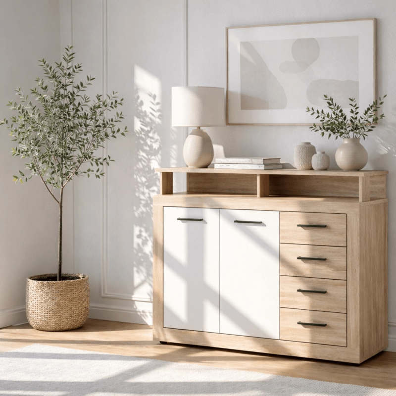 Komoda do salonu BLOBI 119,5 cm dąb sonoma z czarnymi uchwytami