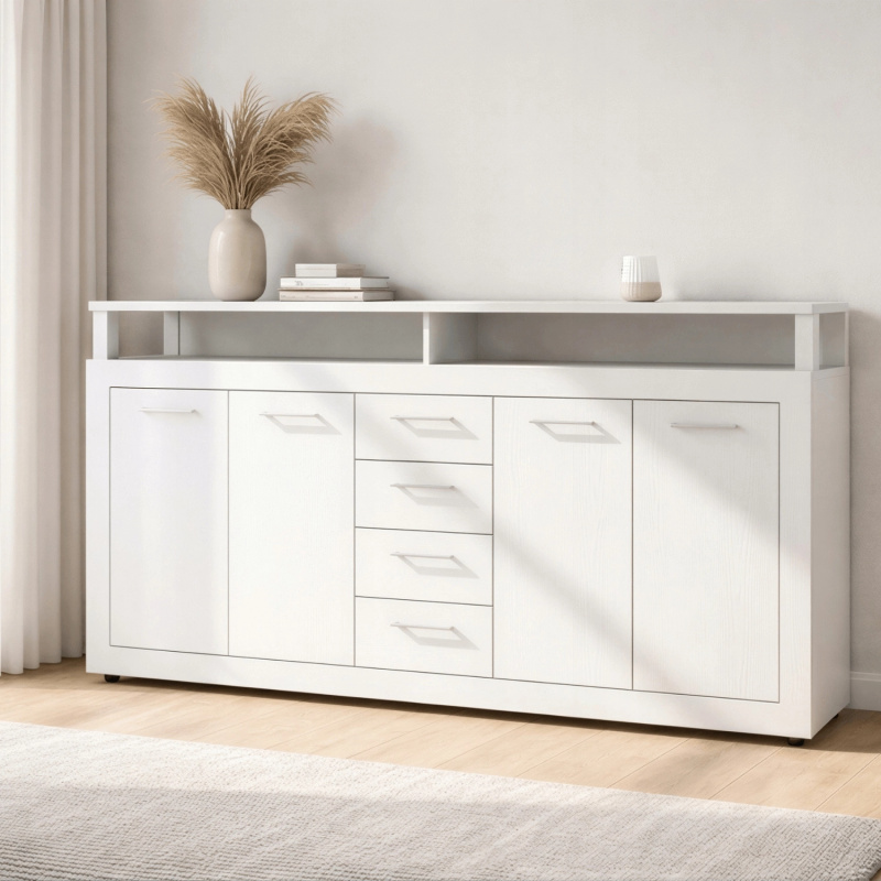 Biała komoda 190 cm czterodrzwiowa BLOBI do salonu z szufladami