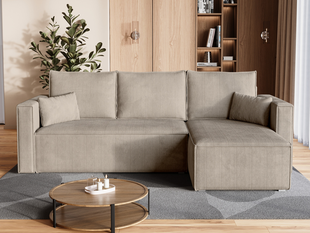 Nowoczesna kanapa narożna z funkcją spania sztruks TOP beż