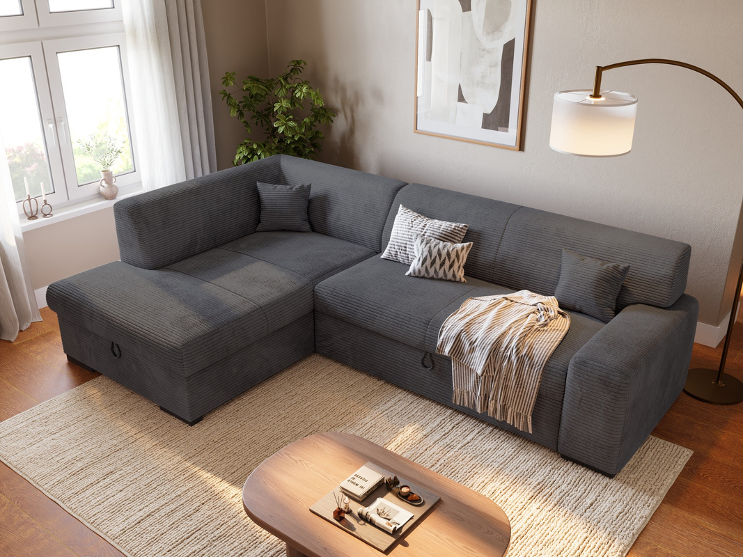 Narożnik sztruksowy z funkcją spania i pojemnikiem na pościel do salonu szary MILENZO
