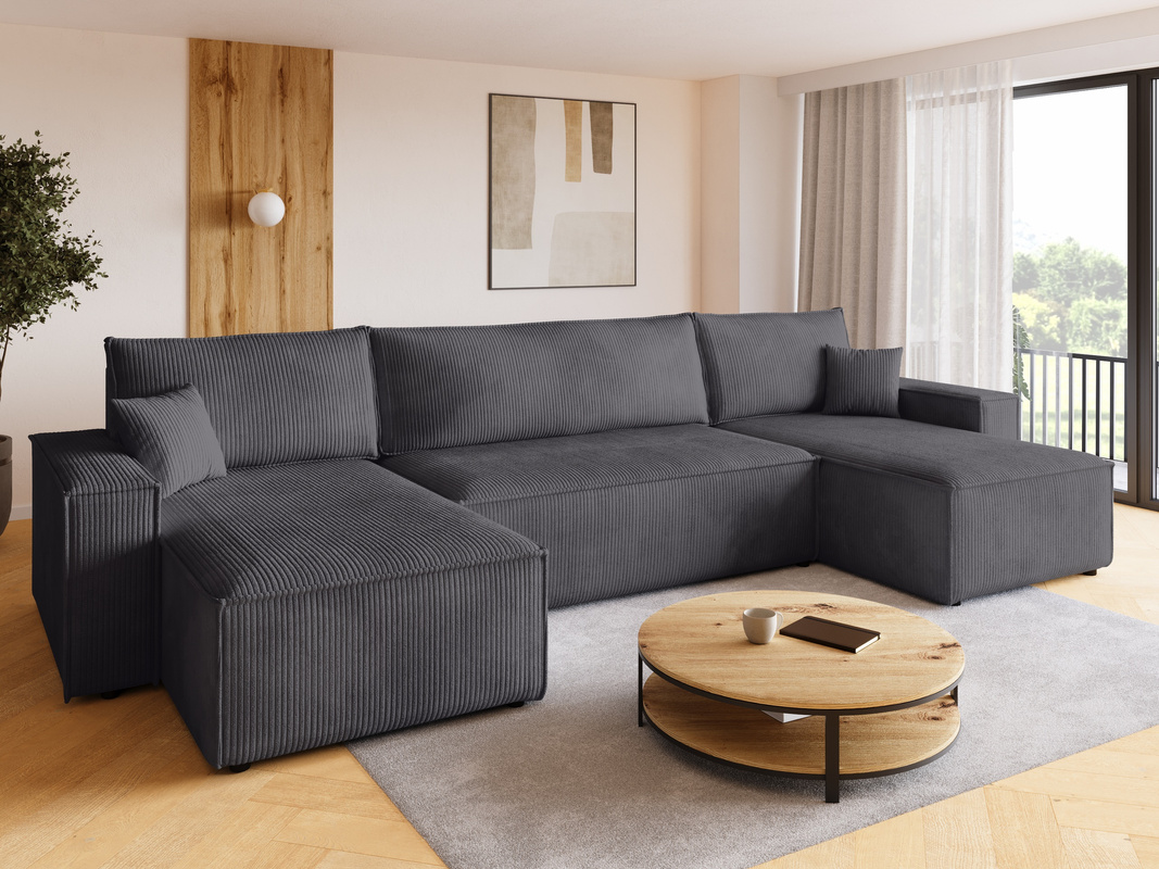 Szary narożnik rozkładany z funkcją spania i pojemnikiem do salonu ADI