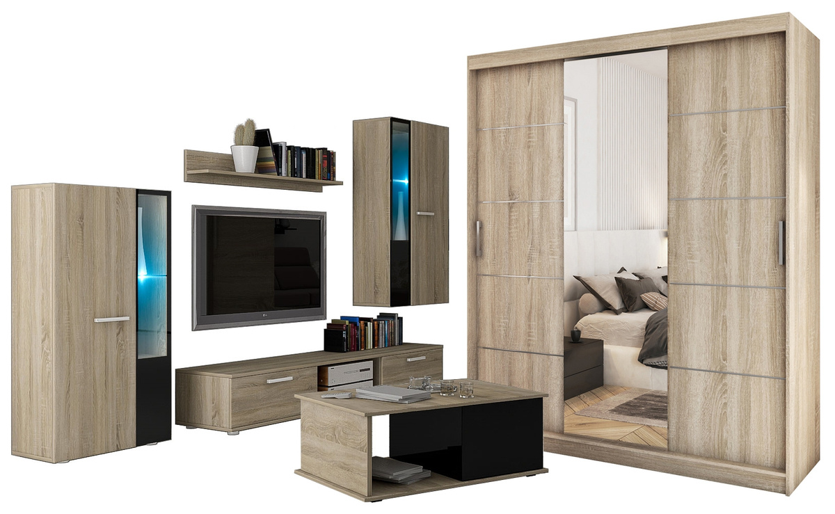 Meblościanka z szafą i ławą dąb sonoma CUBE