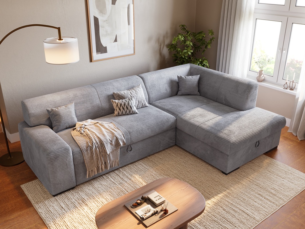 Szary narożnik do salonu z funkcją spania i pojemnikiem na pościel MILENZO