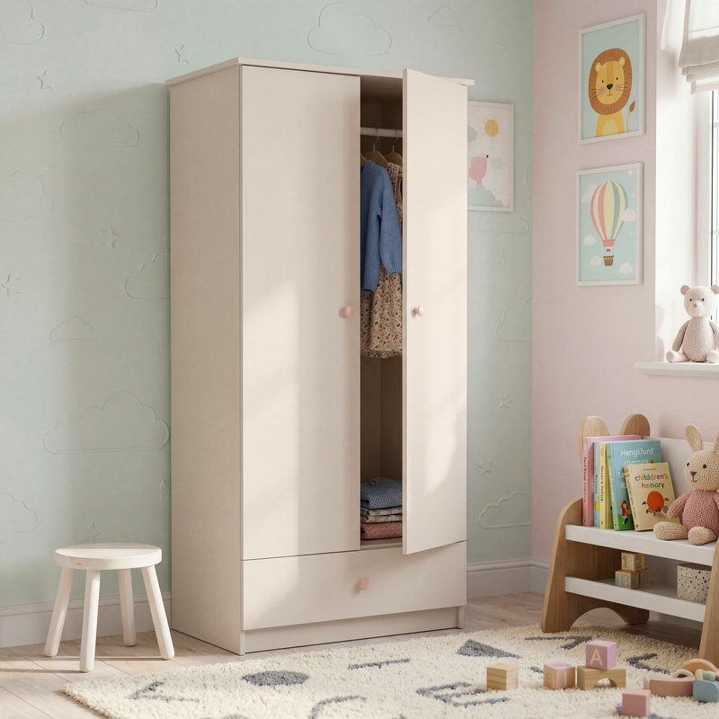 Szafa 85 cm do pokoju dziecięcego z szufladą półkami i drążkiem ORIO kaszmir