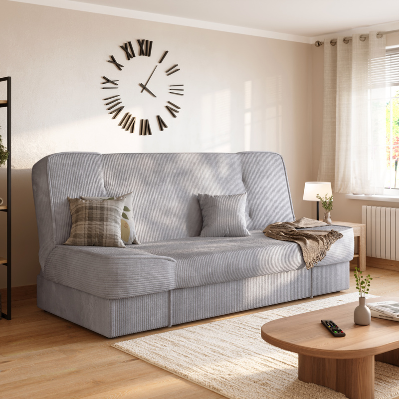 Szara wersalka z funkcją spania i pojemnikiem rozkładana TOLIA do salonu