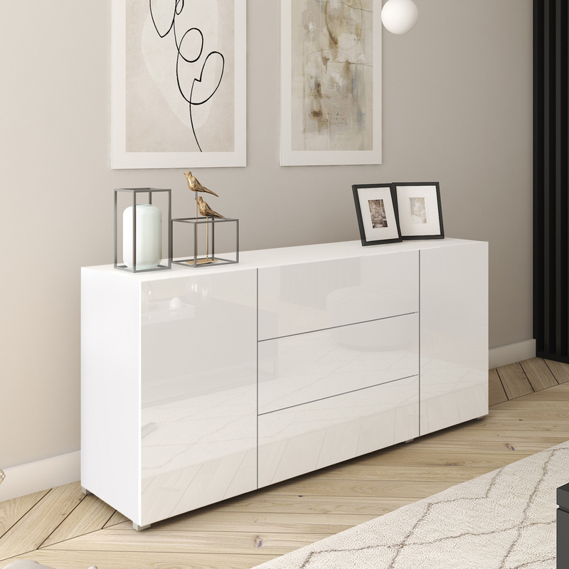 Biała komoda 150 cm do salonu z szufladami BRAVIN