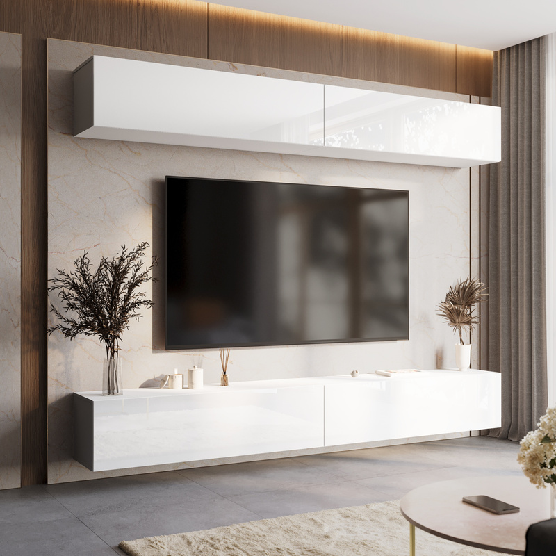 Nowoczesna meblościanka do salonu 280 cm biały połysk PREMIUM