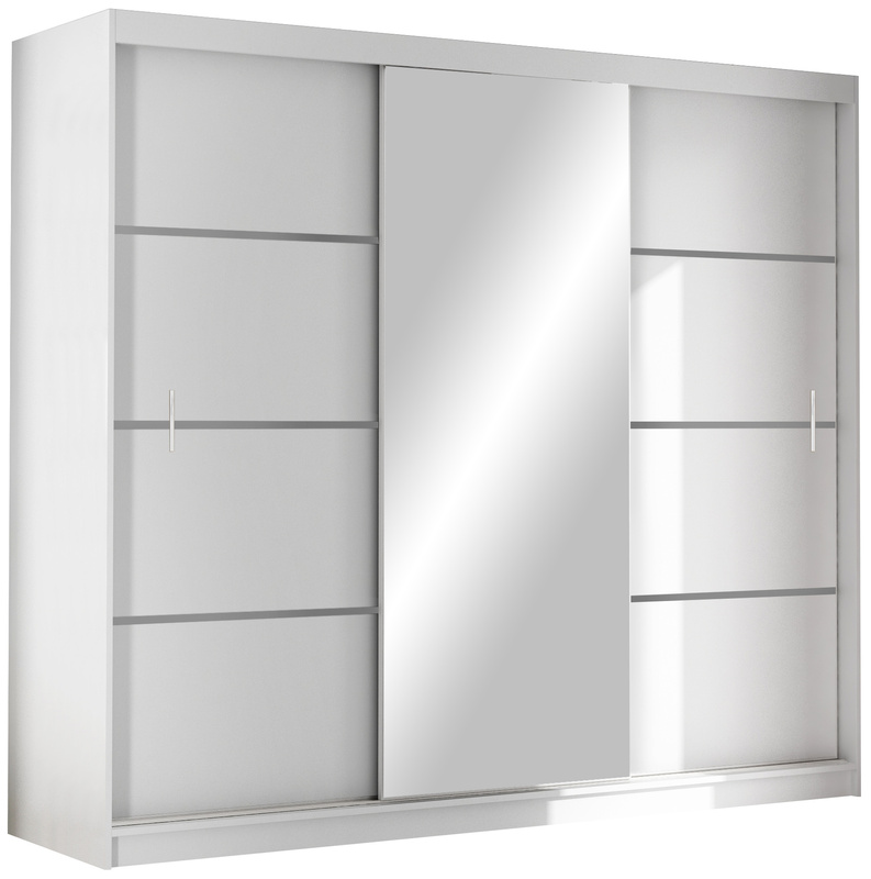 Biała trzydrzwiowa szafa przesuwna z półkami 250 cm VOTIS