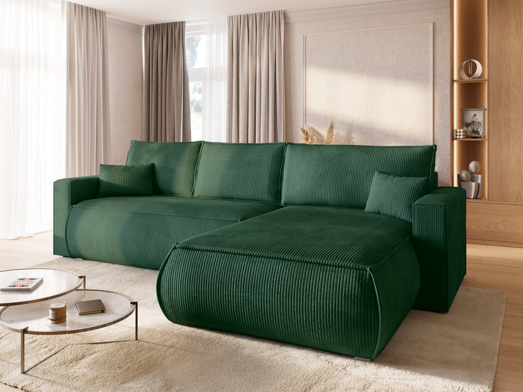 Zielony narożnik sztruksowy z funkcją spania do salonu HAVANA