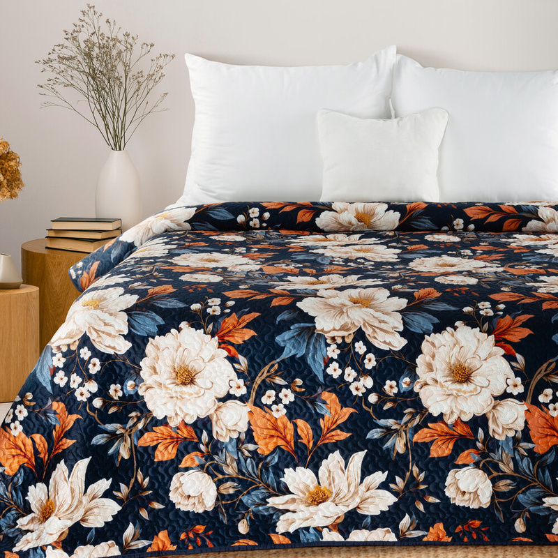 Narzuta na łóżko 200x220 cm granatowa FLURY kwiatowy wzór
