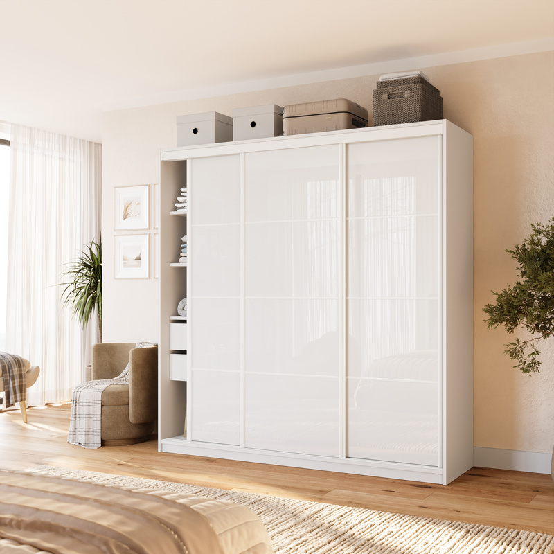 Pojemna biała szafa przesuwna 200 cm do sypialni VITA połysk