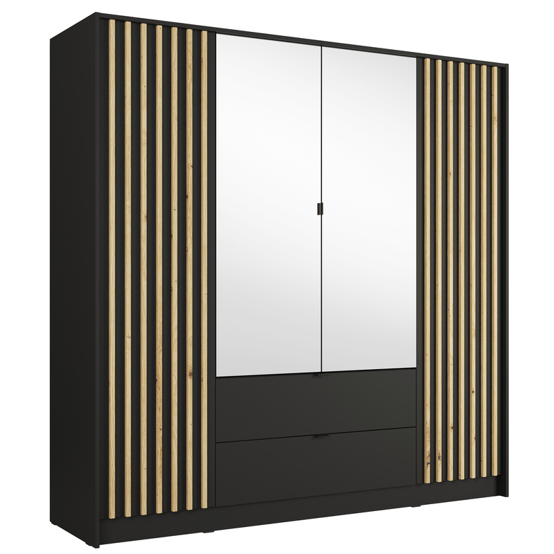 Czarna szafa 200 cm czterodrzwiowa z lamelami i lustrem KORSO