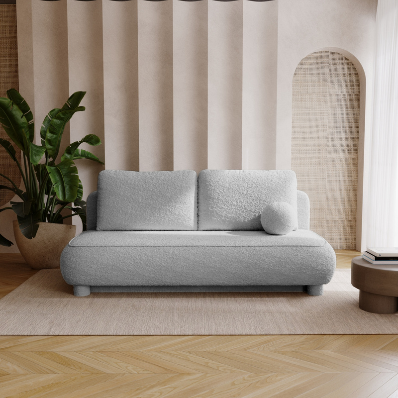 Rozkładana szara kanapa z funkcją spania i pojemnikiem do salonu boucle GISELLE