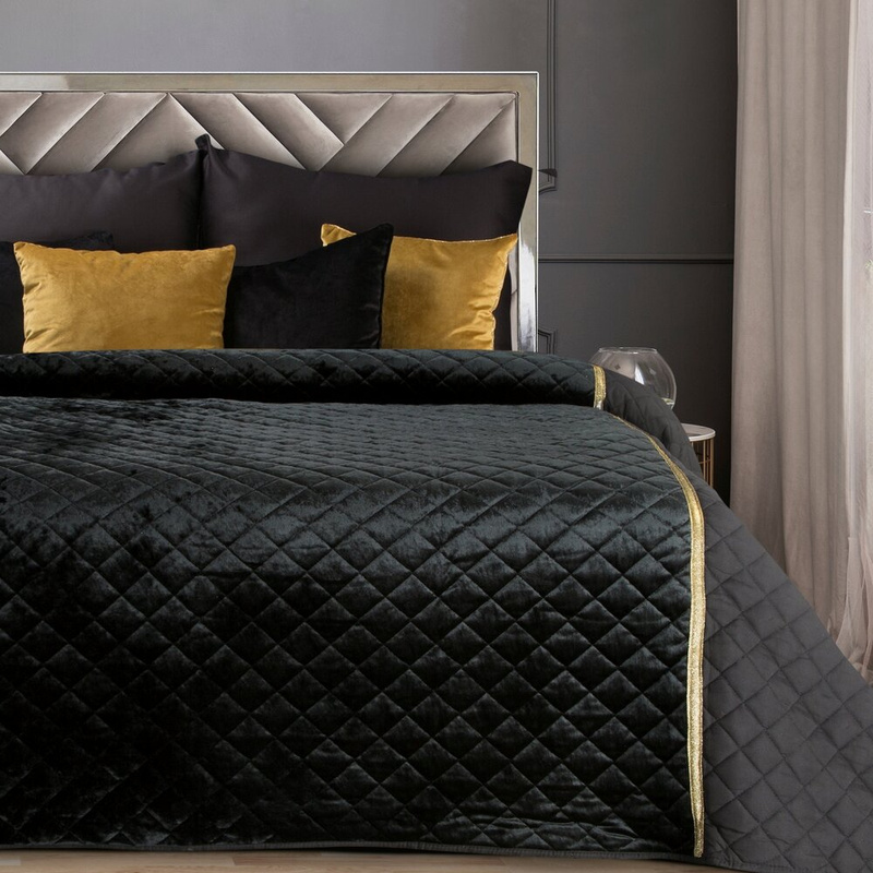 Czarna narzuta 220x240 cm KATIA pikowana na łóżko welwetowa