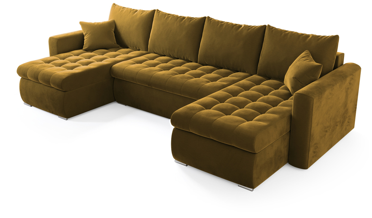 Musztardowy narożnik z funkcją spania i pojemnikiem do salonu LUIS U