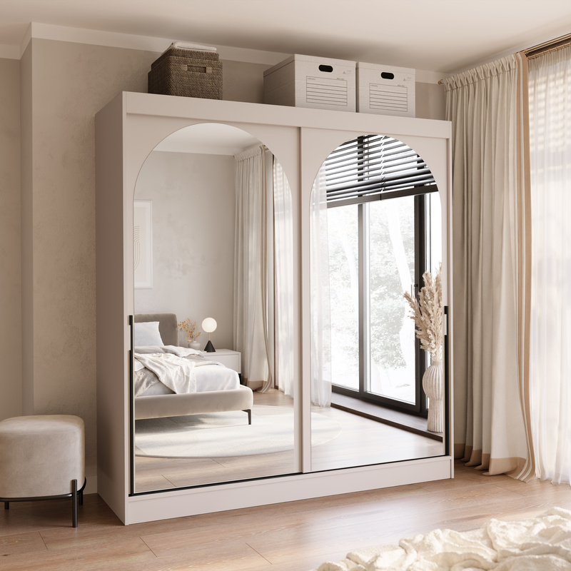 Elegancka pojemna szafa 200 cm kaszmir przesuwna z dwoma lustrami drzwi przesuwne czarne uchwyty MORIN