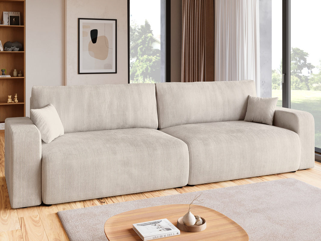 Kremowa kanapa do salonu z funkcją spania i pojemnikiem PUMI