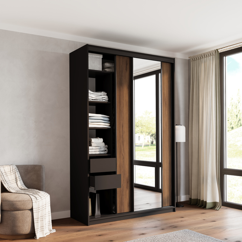 Wysoka szafa przesuwna z lustrem 150 cm do sypialni LOFT MAX orzech