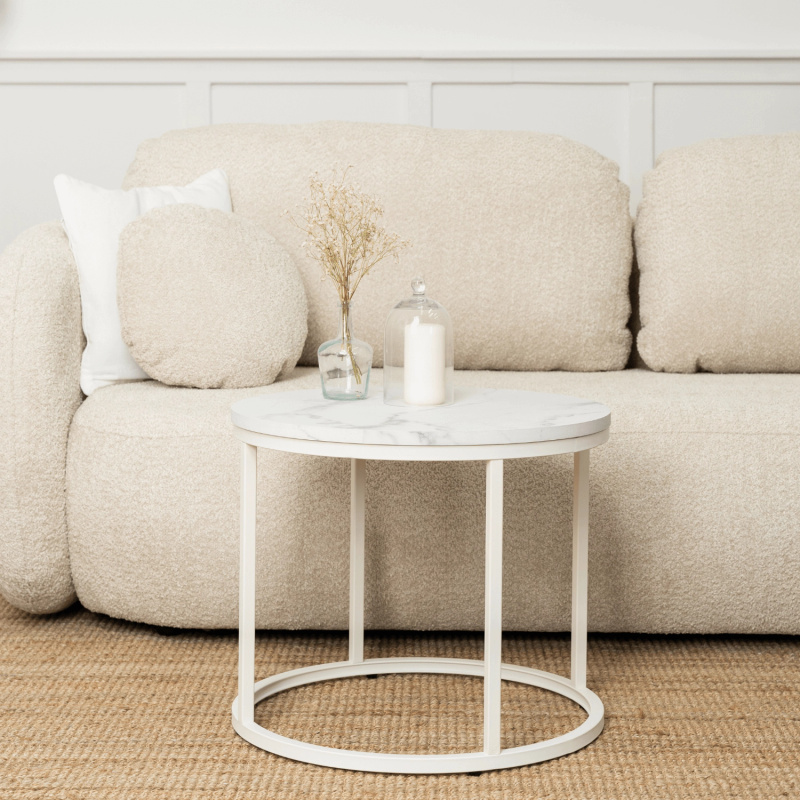 Biały stolik kawowy okrągły do salonu ANGES biały marmur
