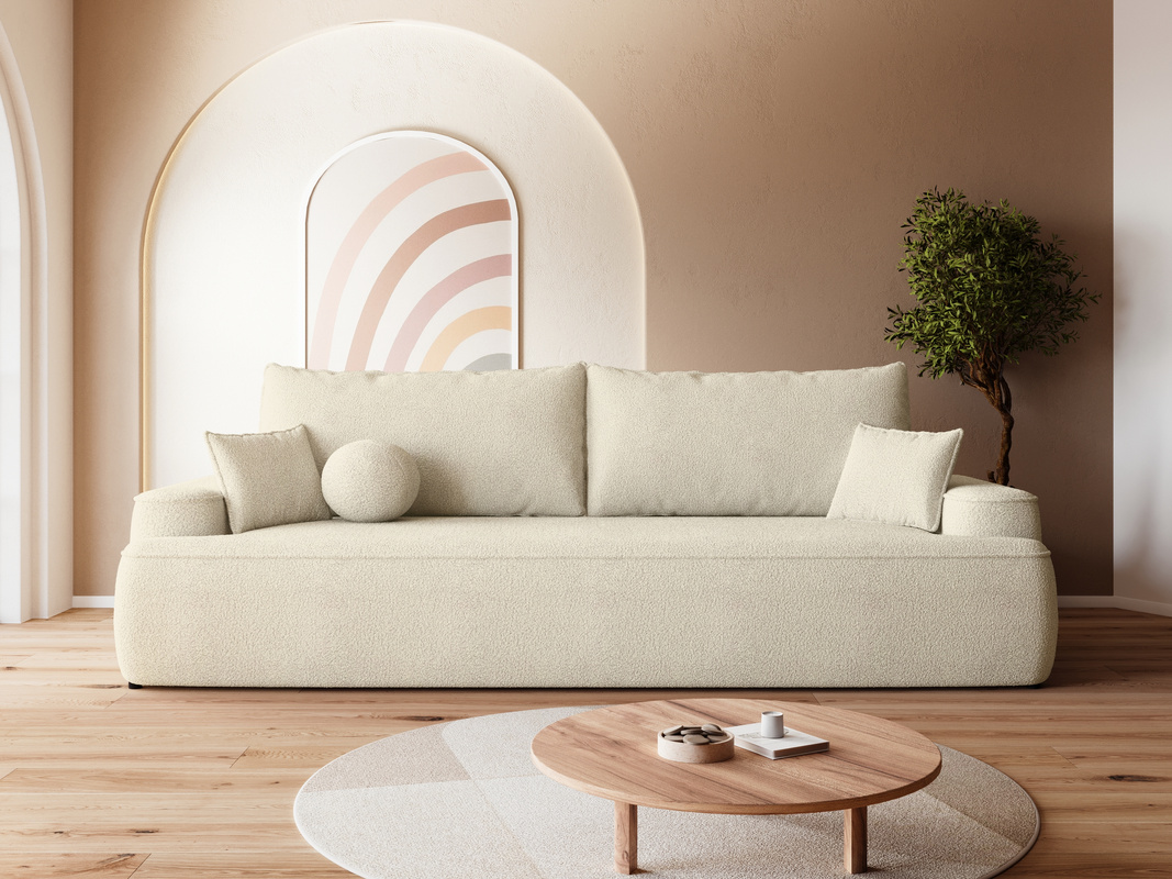 Beżowa sofa boucle z funkcją spania do salonu CARMELLO