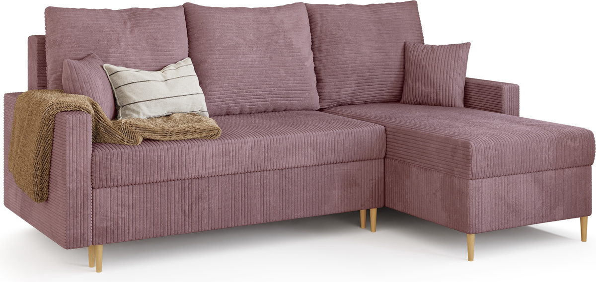 Sztruksowy narożnik z funkcją spania i pojemnikiem do salonu FELIO różowy