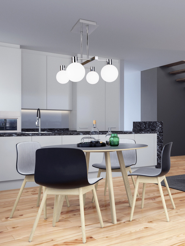 Srebrno-biała lampa sufitowa wisząca 4-płomienna do salonu MALDUS metal szkło