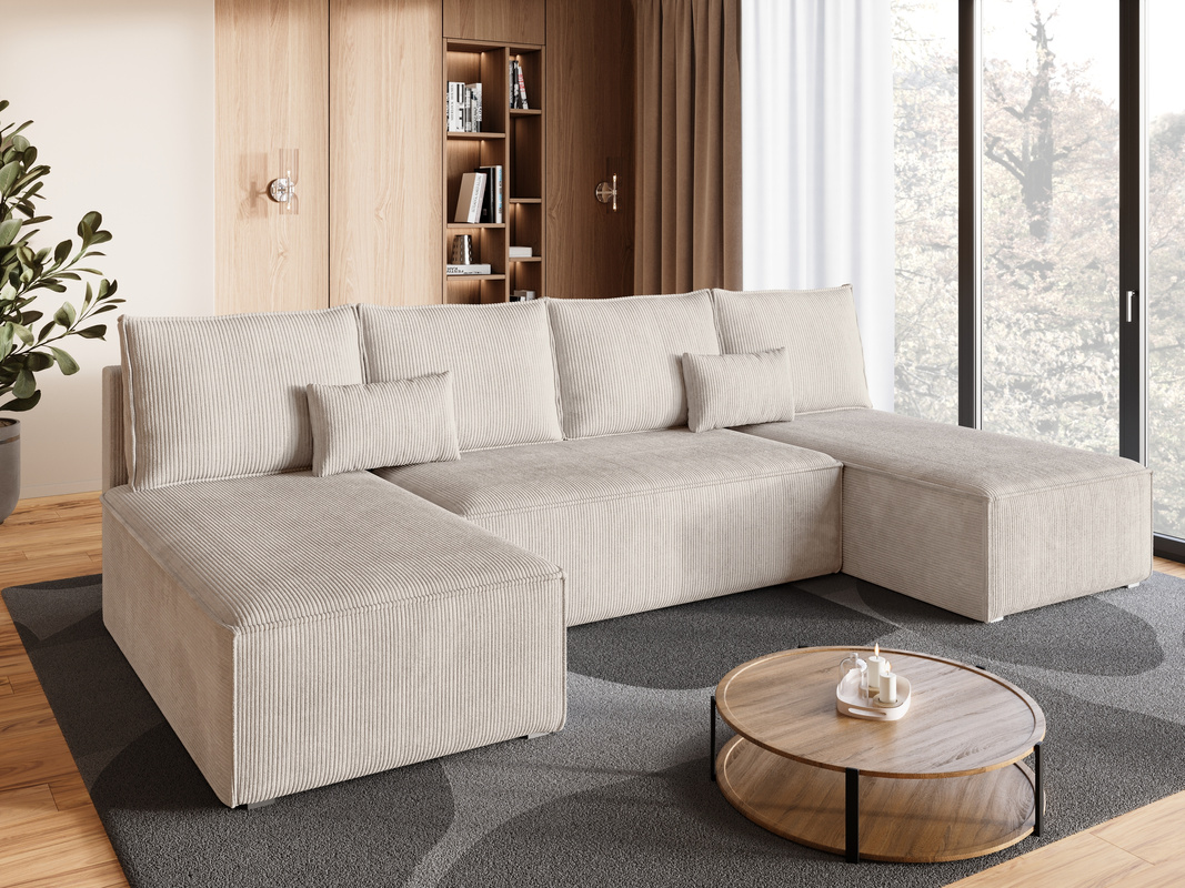 Duży beżowy narożnik sztruksowy z funkcją spania do salonu TOP U SLIM
