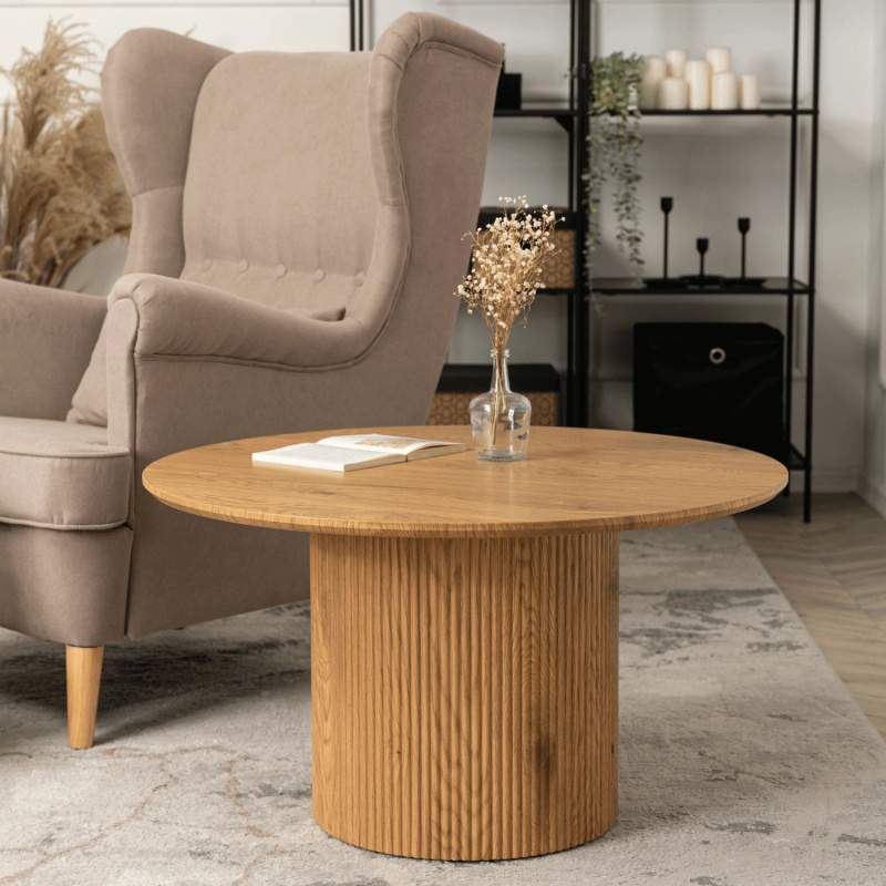 Dębowy stolik kawowy okrągły do salonu MAYLINO MAX dąb naturalny