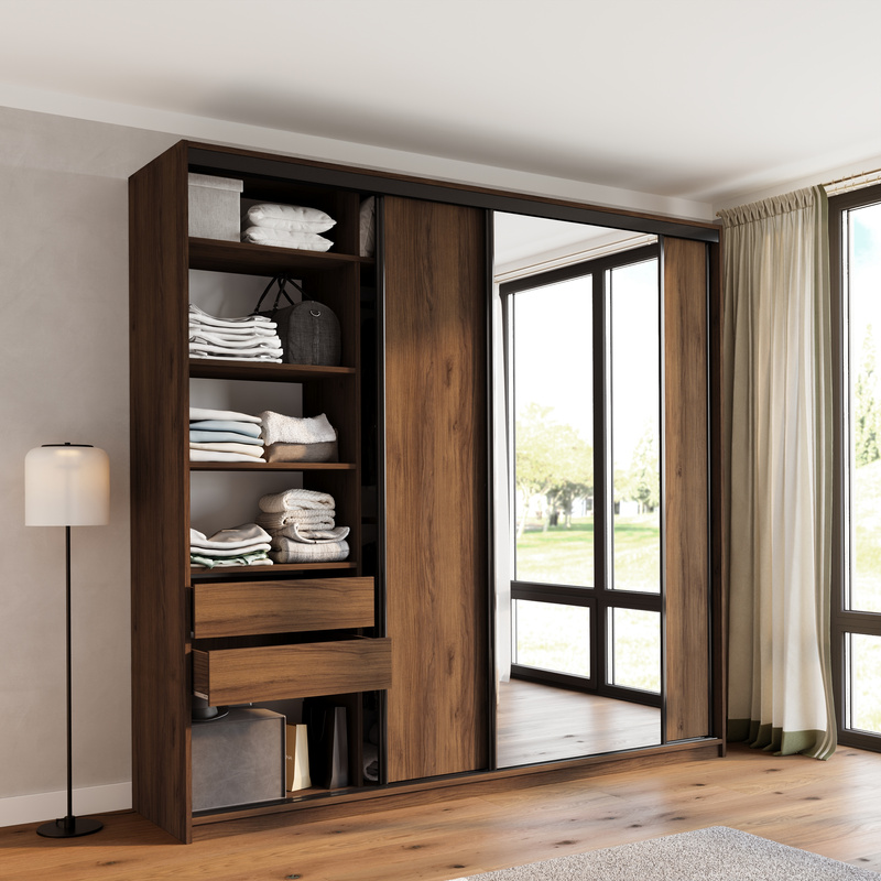 Duża szafa przesuwna z lustrem 250 cm do sypialni LOFT MAX orzech
