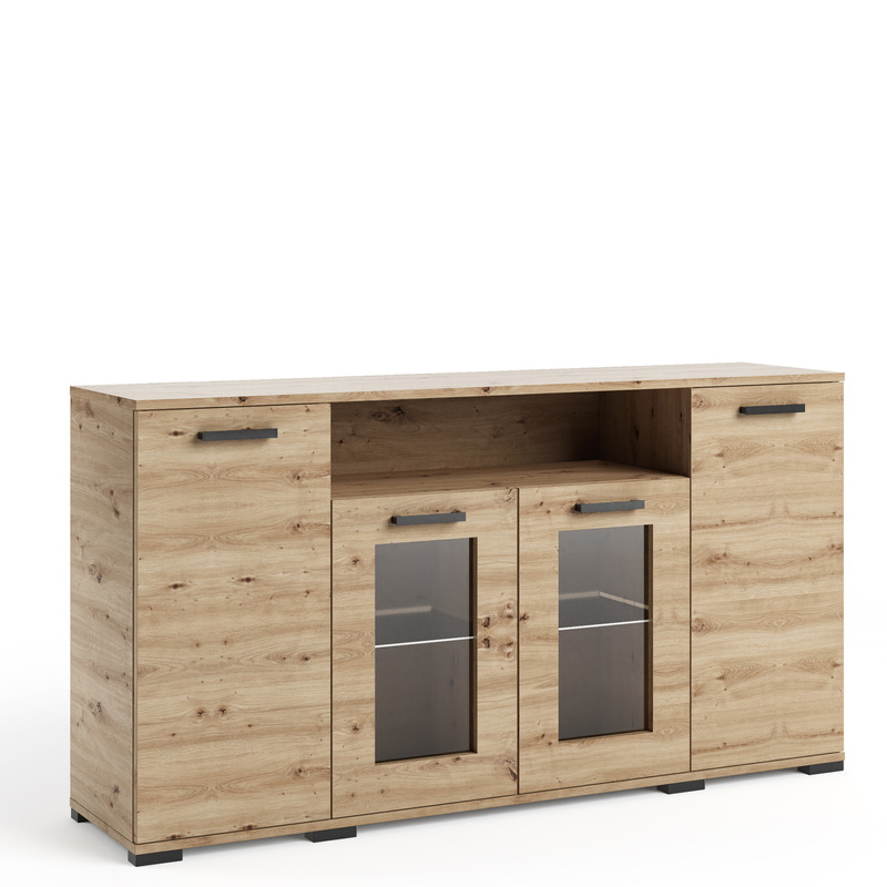 Komoda 160 cm z witryną do salonu czterodrzwiowa FIORA dąb artisan