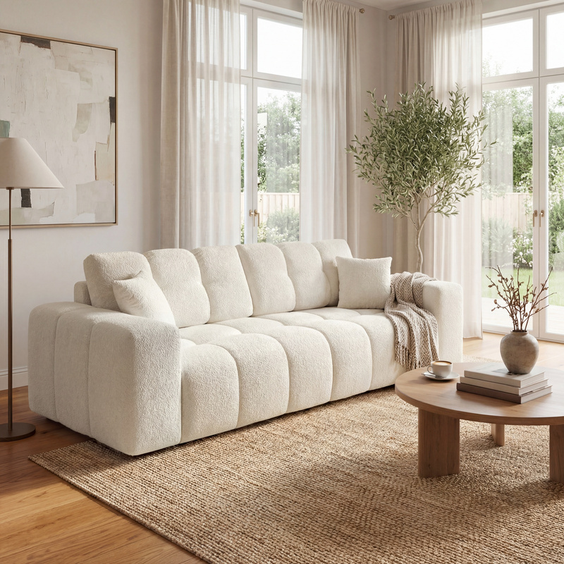 Sofa do salonu rozkładana z funkcją spania i pojemnikiem na pościel NEBU