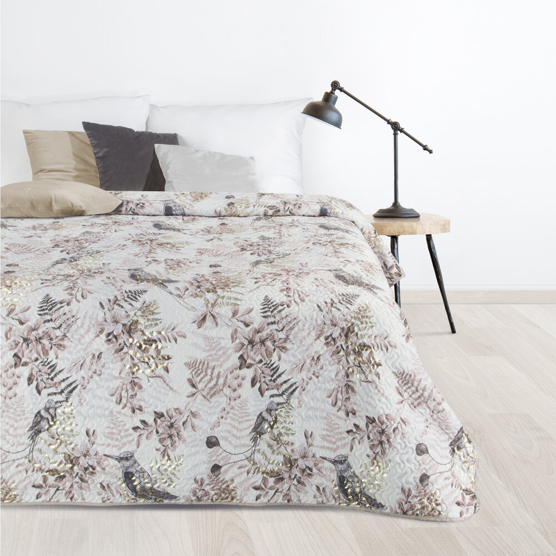 Biała narzuta na łóżko 170x210 cm PALMA z roślinnym nadrukiem welur