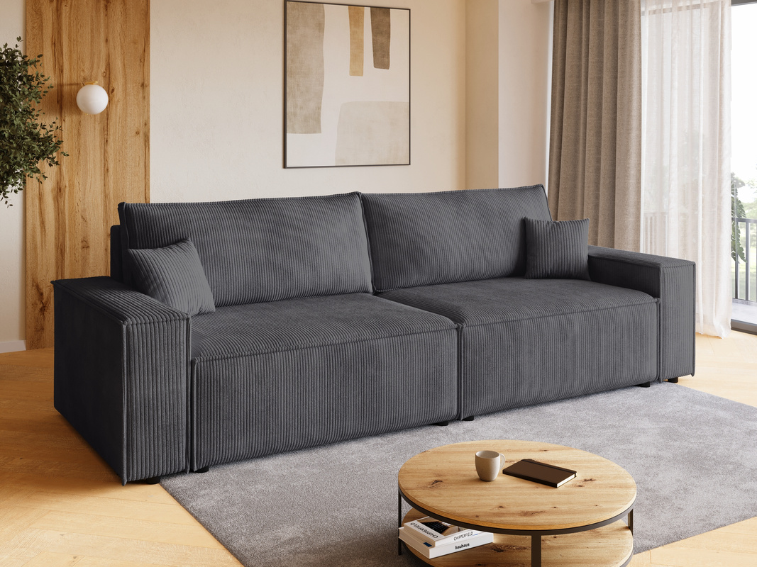 Szara sztruksowa kanapa z funkcją spania i pojemnikiem na pościel ADI
