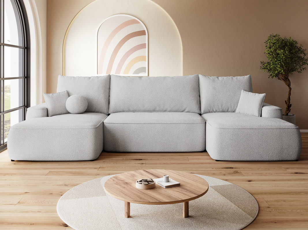 Szary narożnik z funkcją spania do salonu boucle CARMELLO U