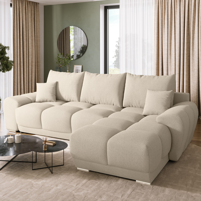 Beżowy narożnik rozkładany do salonu NUBES z funkcją spania