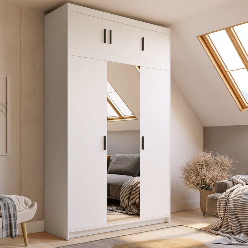 Trzydrzwiowa szafa z lustrem z nadstawką 133 cm biały KUBA