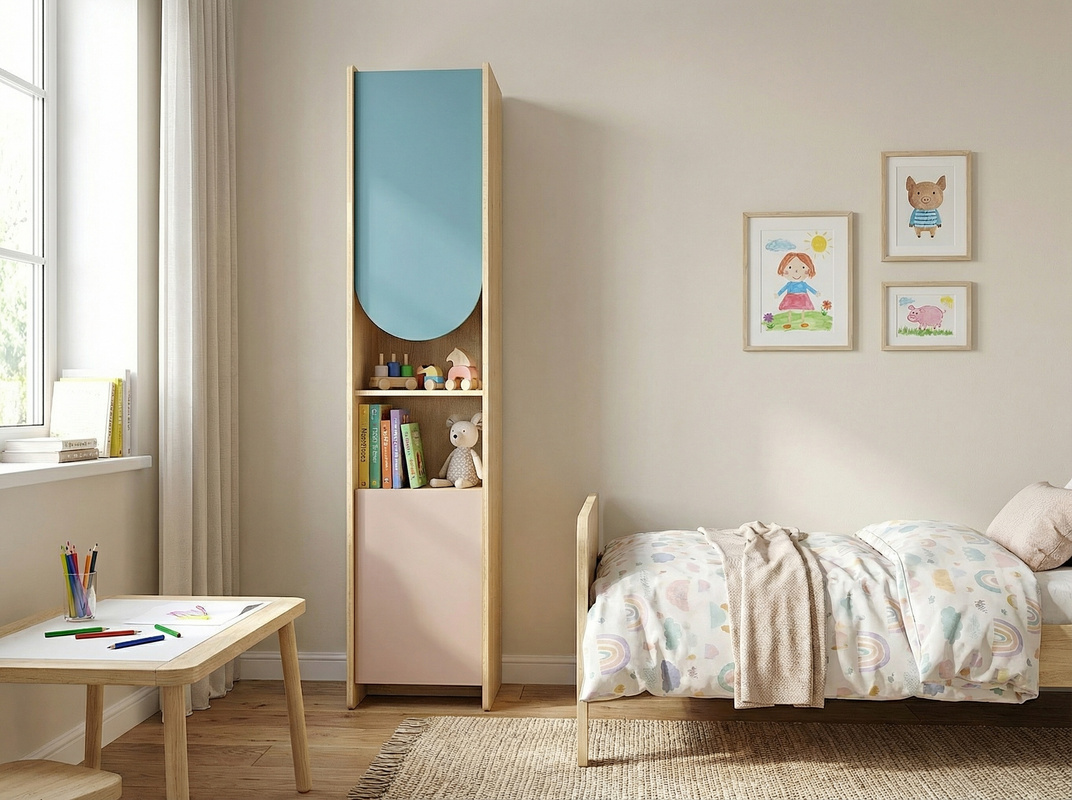 Regał na książki do pokoju chłopca z półkami 43 cm LOLLIE dąb cremona