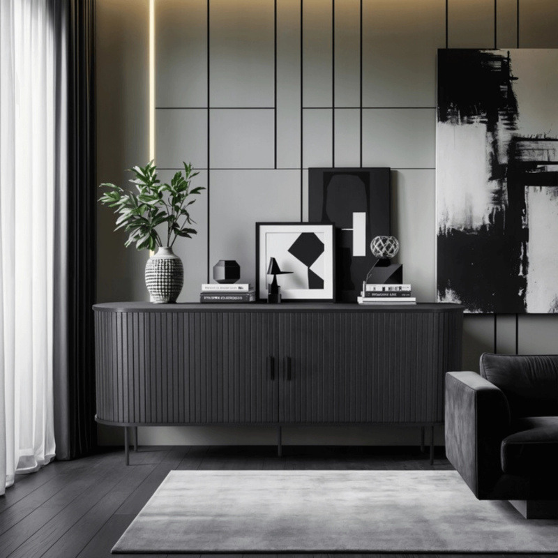 Czarna komoda dwudrzwiowa rozsuwana 180 cm do salonu TRISH