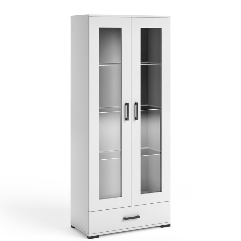 Biała witryna na książki 80 cm wysoka do jadalni salonu z szufladą FIORA