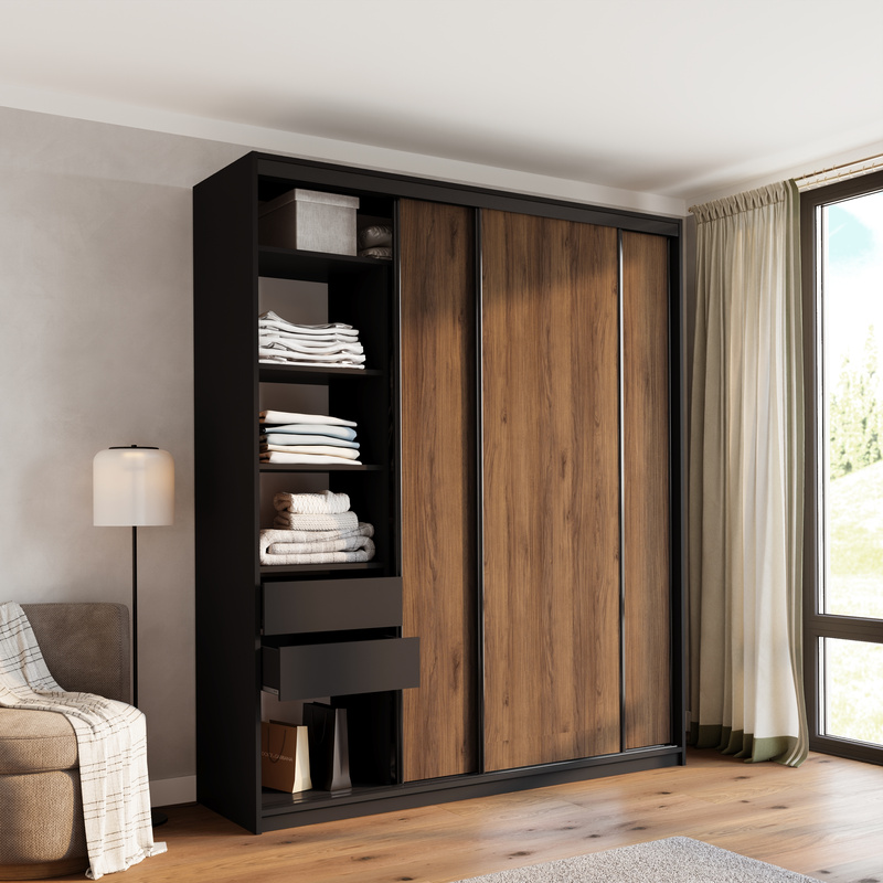 Wysoka szafa przesuwna 200 cm do sypialni LOFT MAX orzech