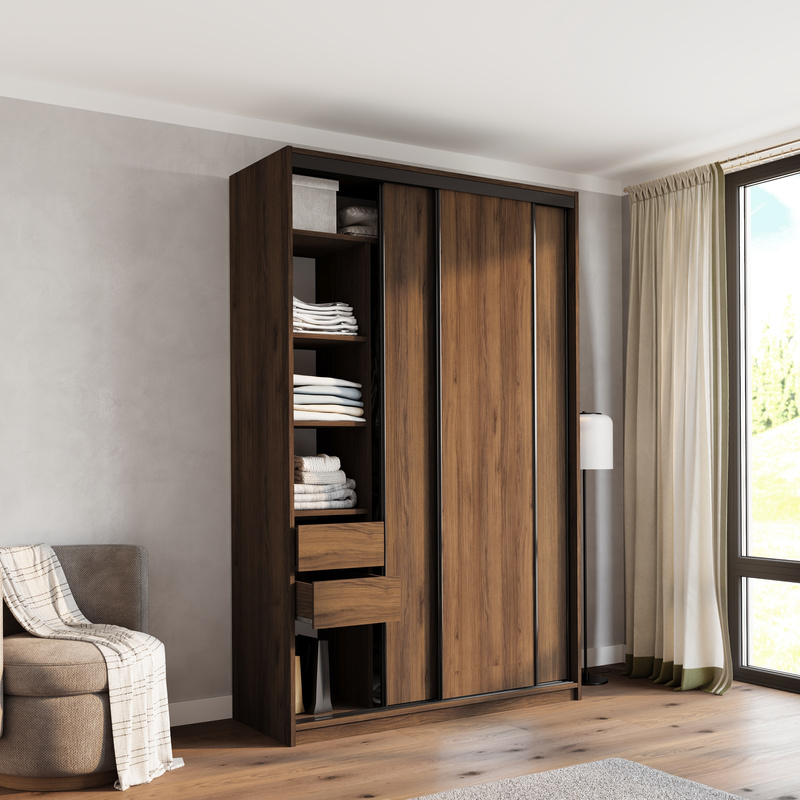 Wysoka szafa przesuwna 150 cm do sypialni LOFT MAX orzech