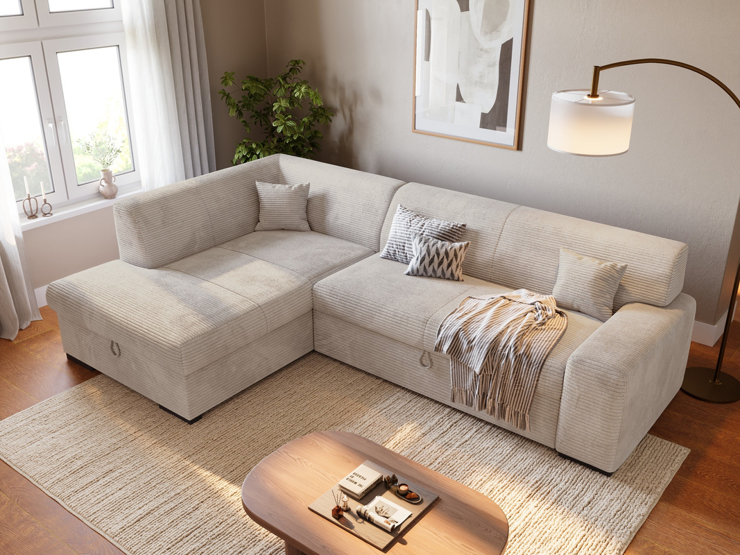 Beżowy narożnik sztruksowy z funkcją spania i pojemnikiem do salonu MILENZO