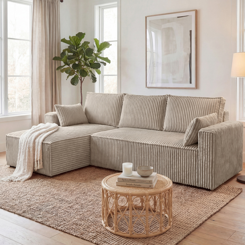 Narożnik rozkładany z funkcją spania do salonu PILO beżowy sztruks